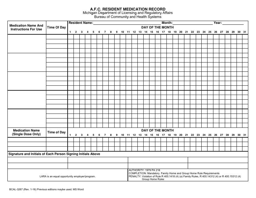 Form BCAL-3267 Afc Resident Medication Record - Michigan