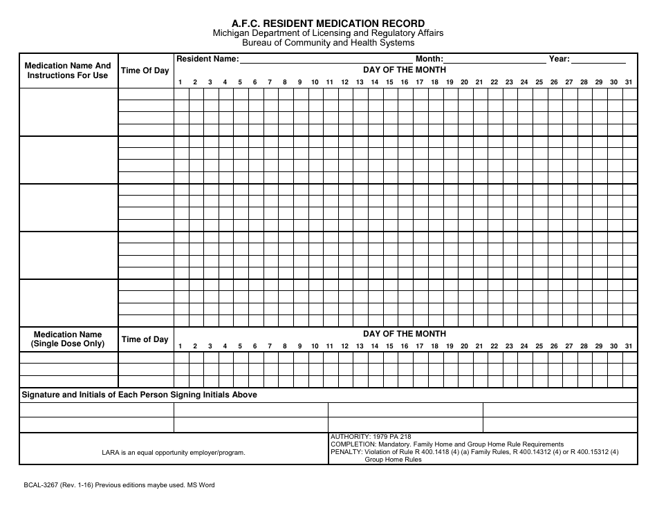Form BCAL-3267 Afc Resident Medication Record - Michigan, Page 1