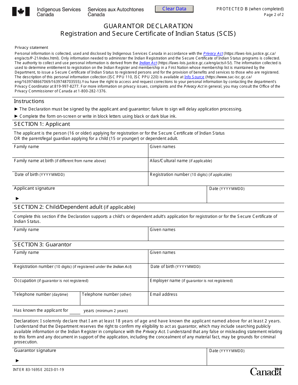 Form INTER83-169SE Guarantor Declaration: Registration and Secure Certificate of Indian Status (Scis) - Canada, Page 2