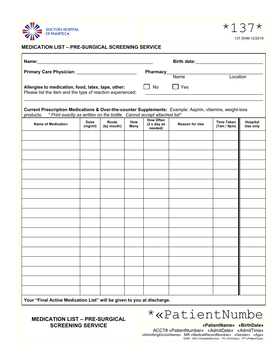 Medication List - Pre-surgical Screening Service - Doctors Hospital of ...