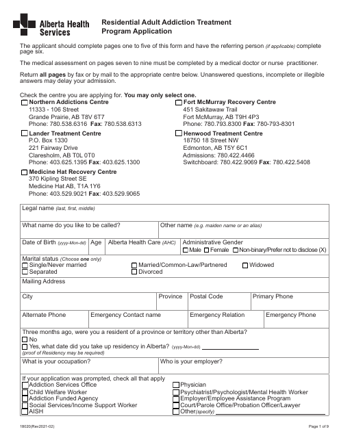 Form 18020 Residential Adult Addiction Treatment Program Application - Alberta, Canada