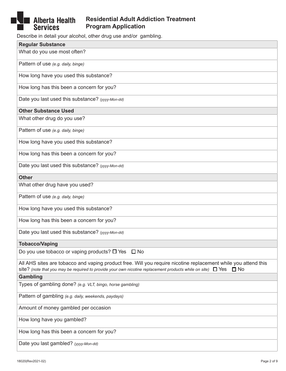 Form 18020 Residential Adult Addiction Treatment Program Application - Alberta, Canada, Page 2