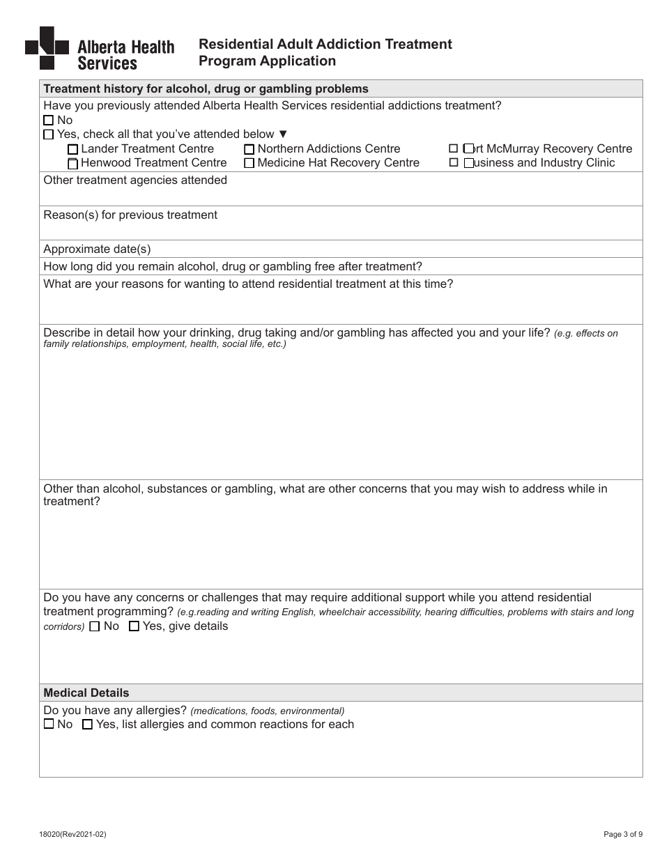 Form 18020 Residential Adult Addiction Treatment Program Application - Alberta, Canada, Page 3