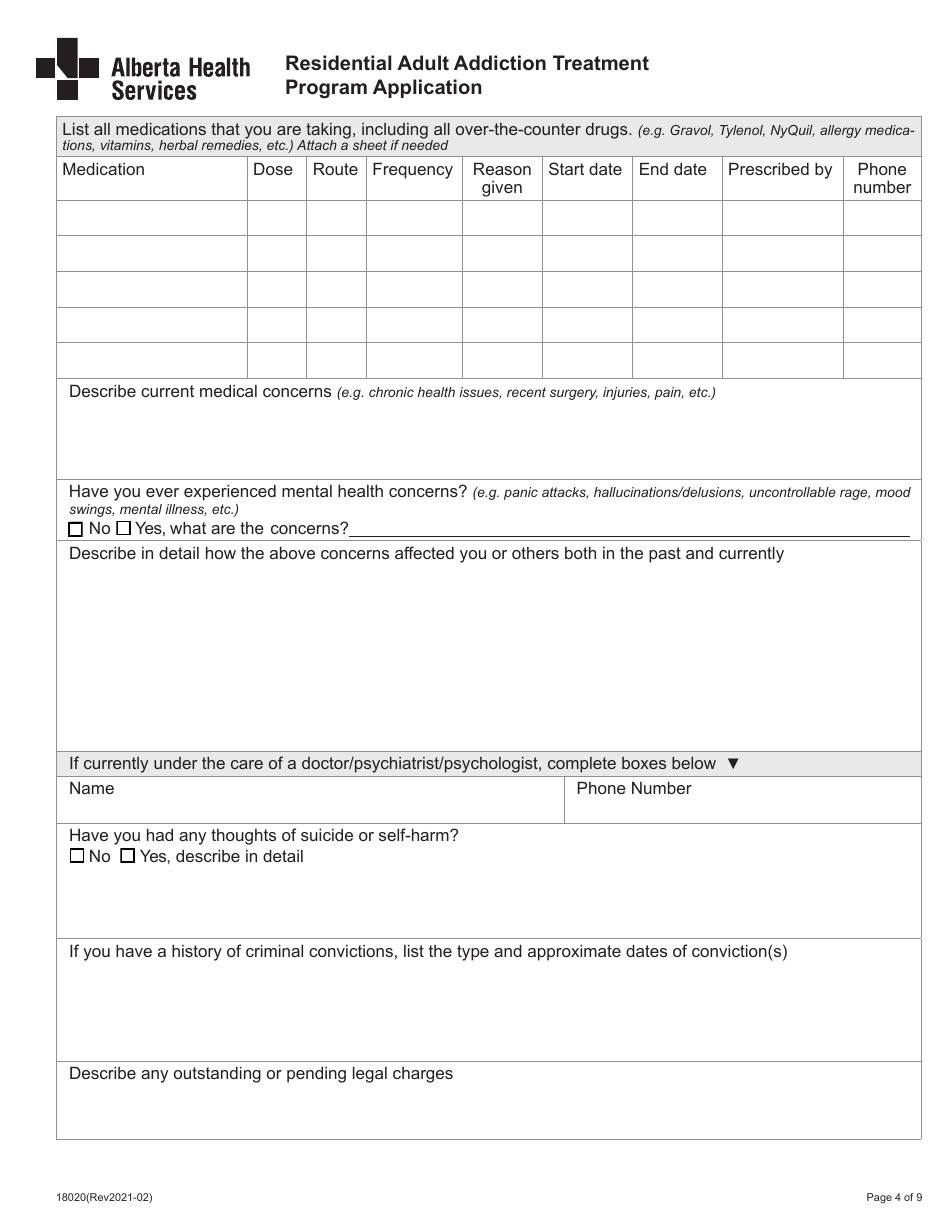 Form 18020 Residential Adult Addiction Treatment Program Application - Alberta, Canada, Page 4