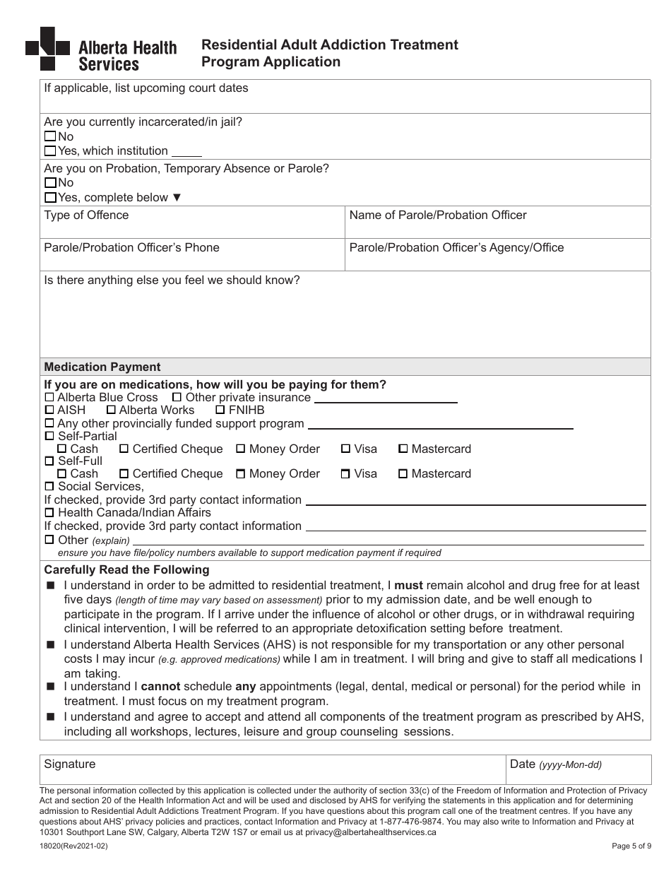 Form 18020 Residential Adult Addiction Treatment Program Application - Alberta, Canada, Page 5