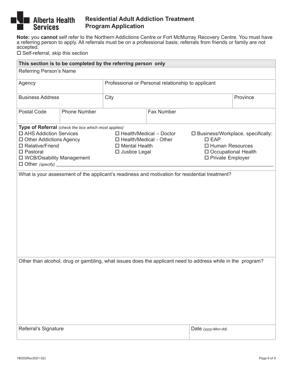 Form 18020 Residential Adult Addiction Treatment Program Application - Alberta, Canada, Page 6