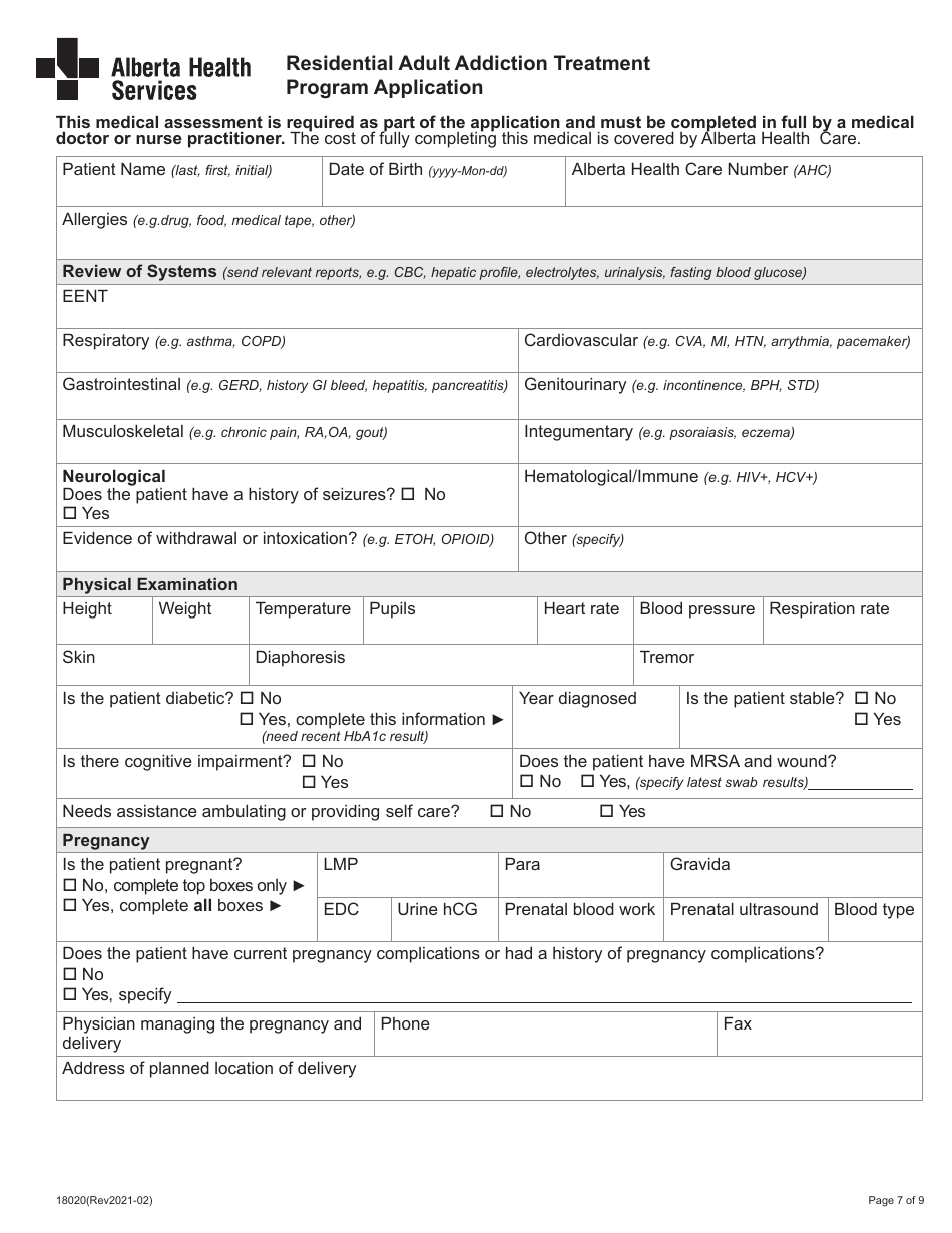 Form 18020 Residential Adult Addiction Treatment Program Application - Alberta, Canada, Page 7