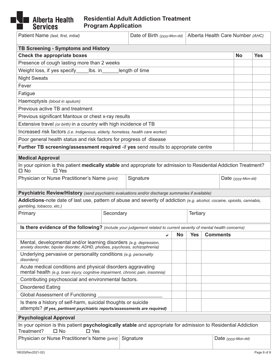 Form 18020 Residential Adult Addiction Treatment Program Application - Alberta, Canada, Page 8