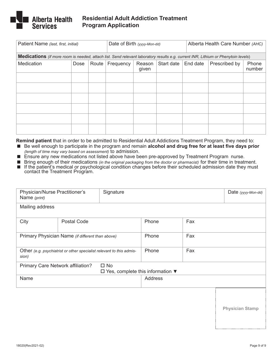 Form 18020 Residential Adult Addiction Treatment Program Application - Alberta, Canada, Page 9