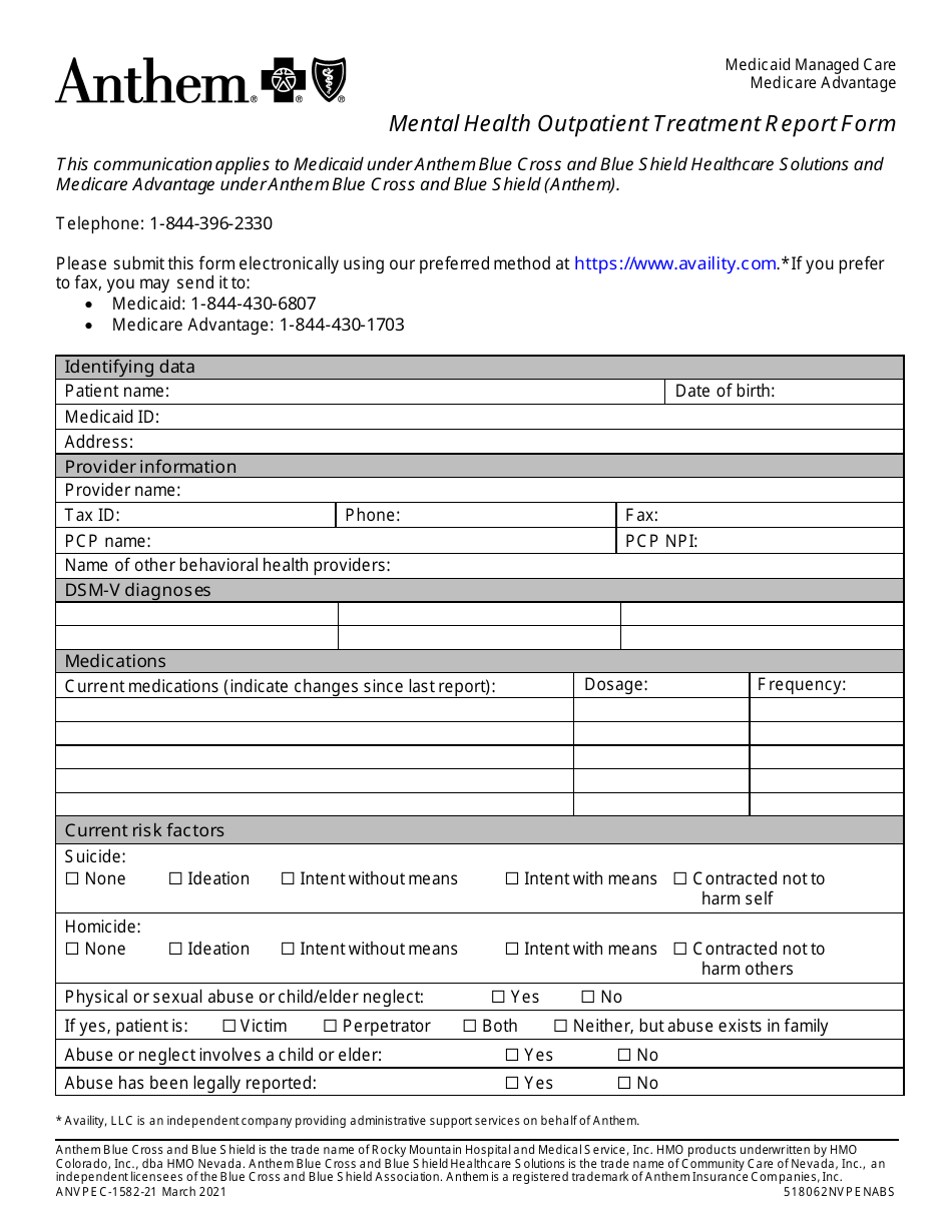 Form ANVPEC-1582-21 Mental Health Outpatient Treatment Report Form, Page 1