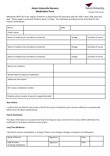 Nursery Medication Form - Aston University