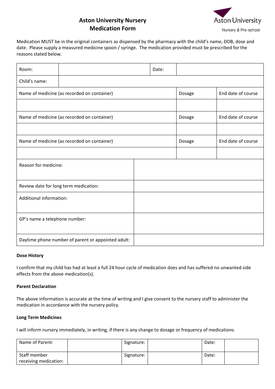 Nursery Medication Form - Aston University, Page 1