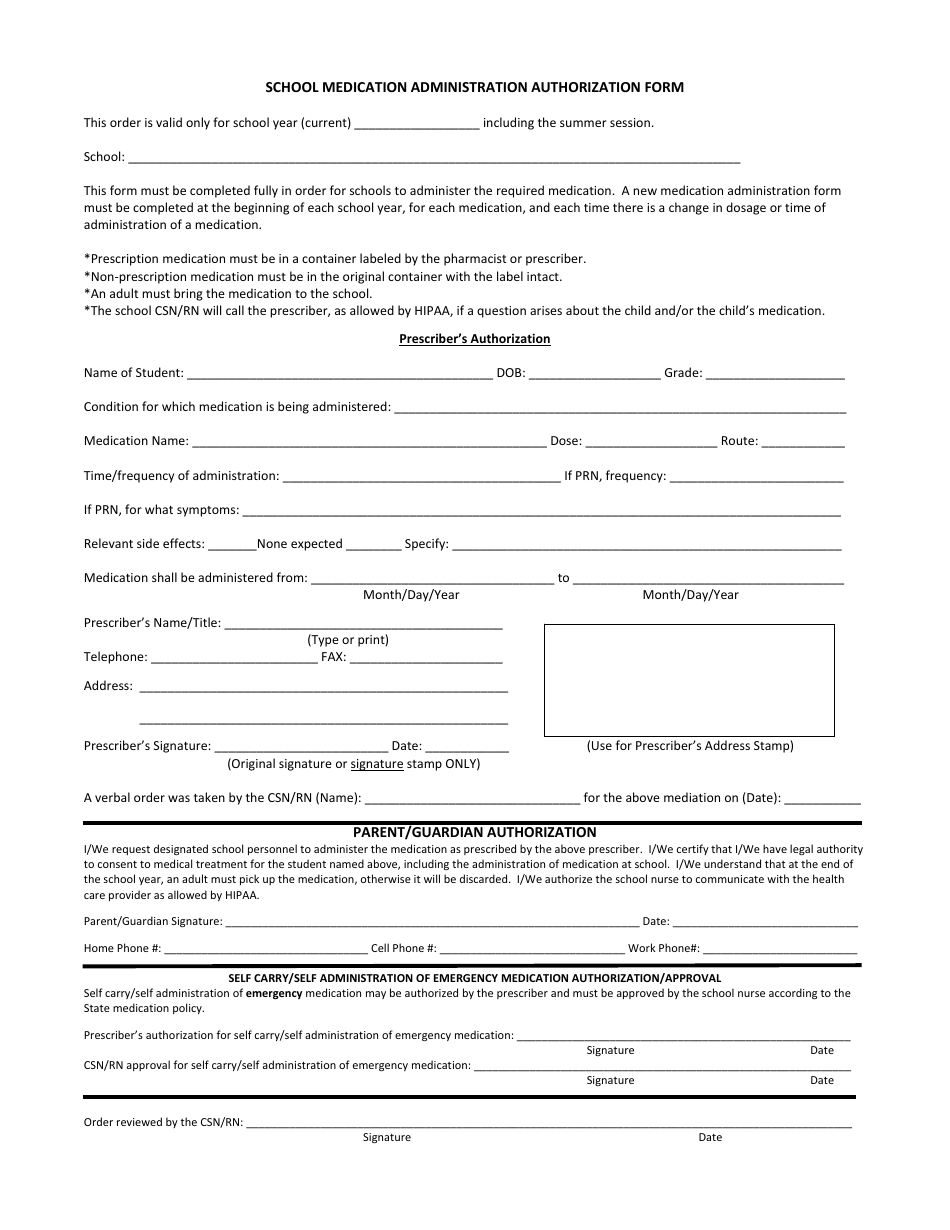 School Medication Administration Authorization Form, Page 1
