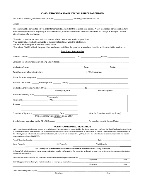 School Medication Administration Authorization Form