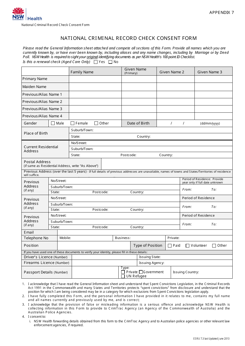 Appendix 7 National Criminal Record Check Consent Form - New South Wales, Australia, Page 1