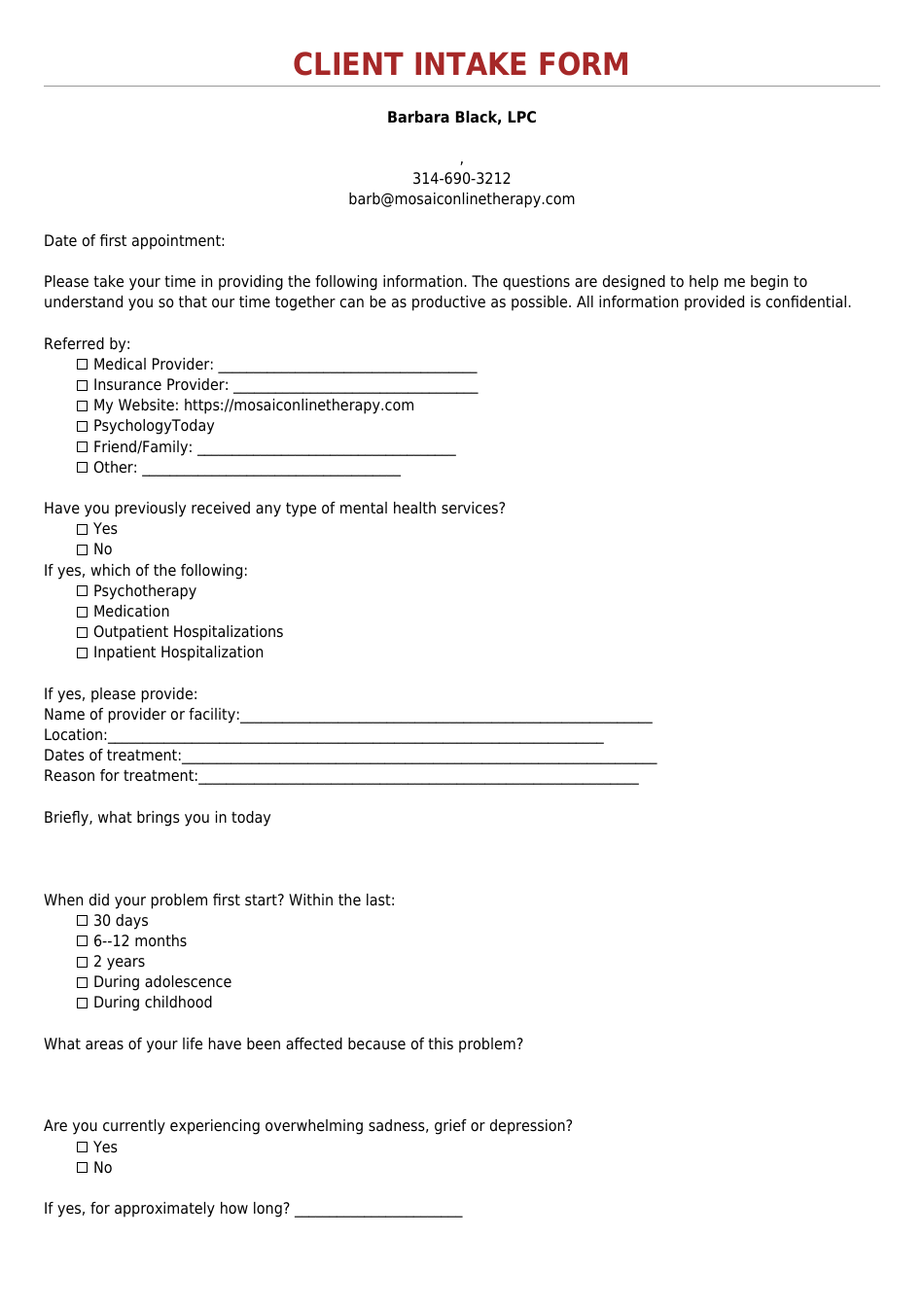Client Intake Form - Barbara Black, Page 1