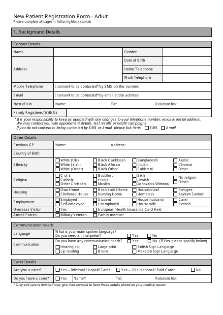 New Patient Registration Form - Adult - United Kingdom Download Pdf