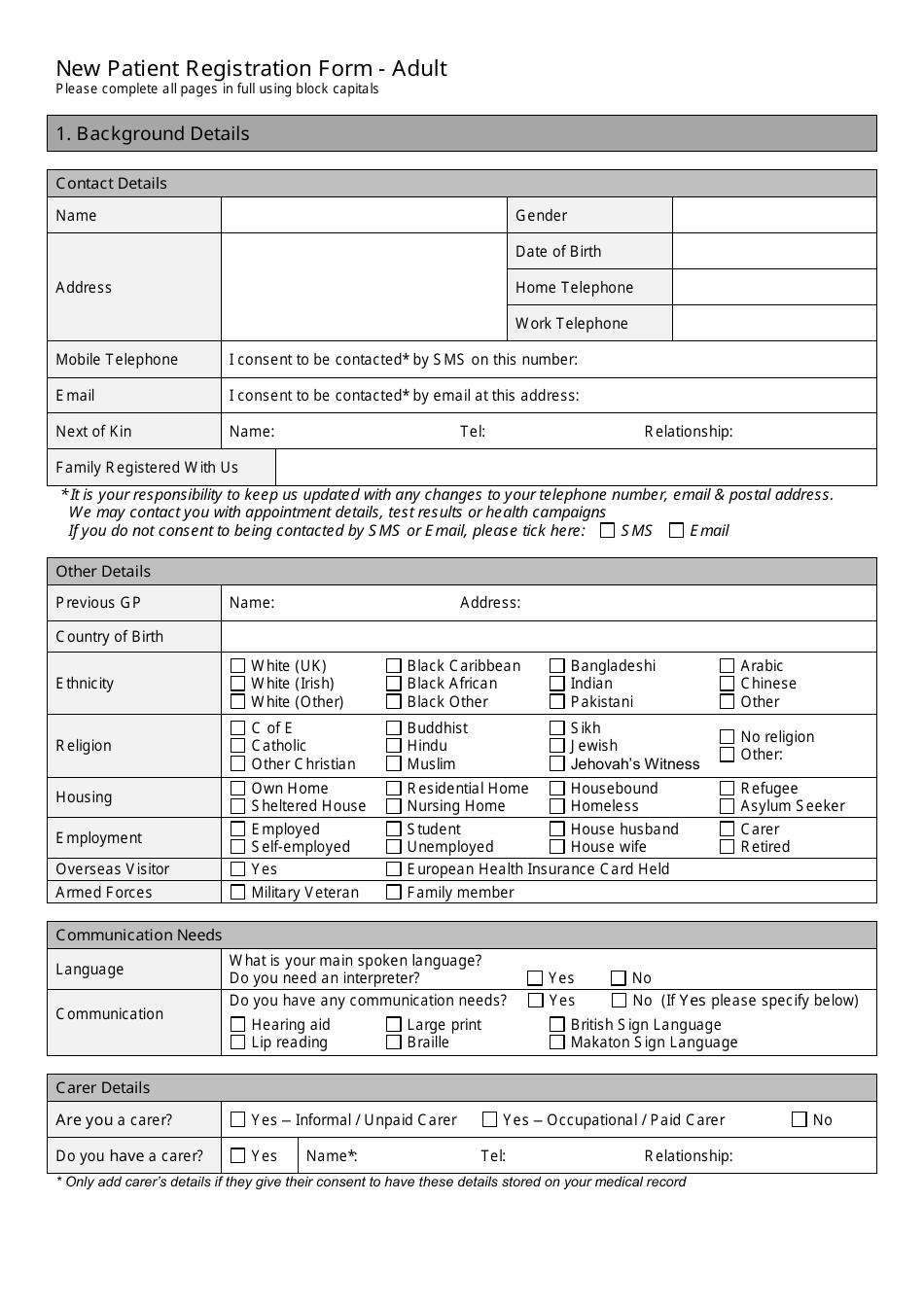New Patient Registration Form - Adult - United Kingdom, Page 1