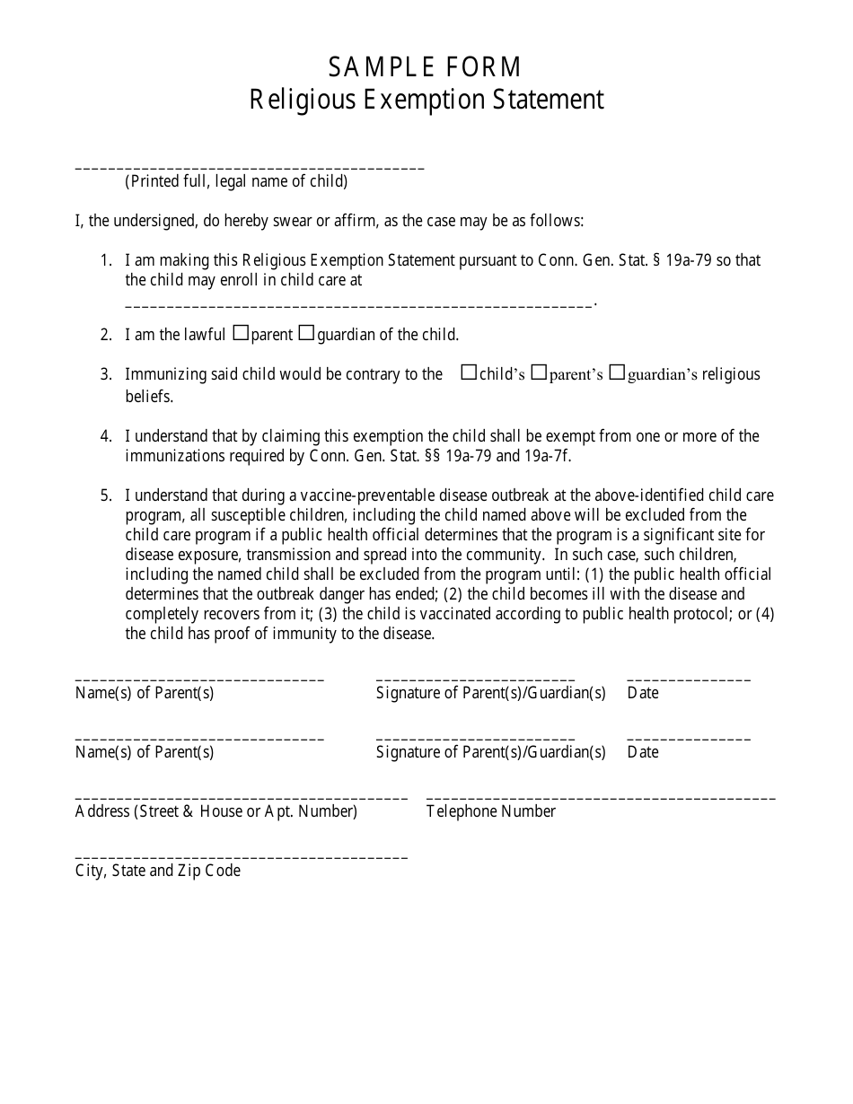 Sample Religious Exemption Statement - Connecticut, Page 1