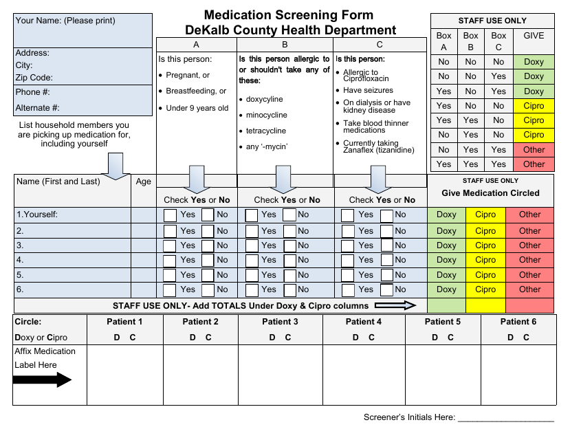 Medication Screening Form - DeKalb County, Illinois Download Pdf