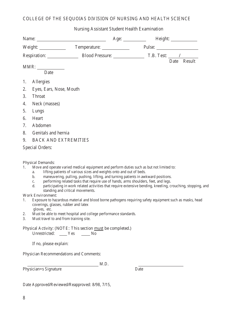 Nursing Assistant Student Health Examination - College of the Sequoias ...