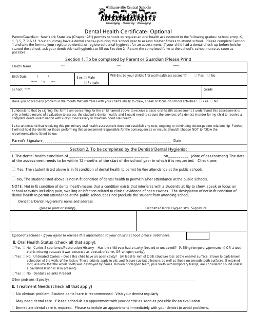 Dental Health Certificate from Williamsville Central Schools