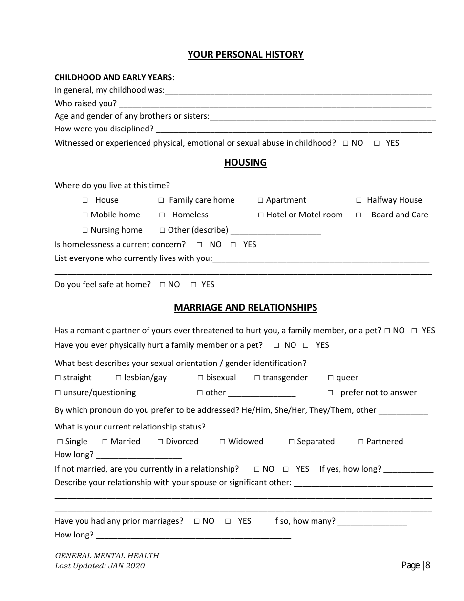 General Mental Health Intake, Page 8