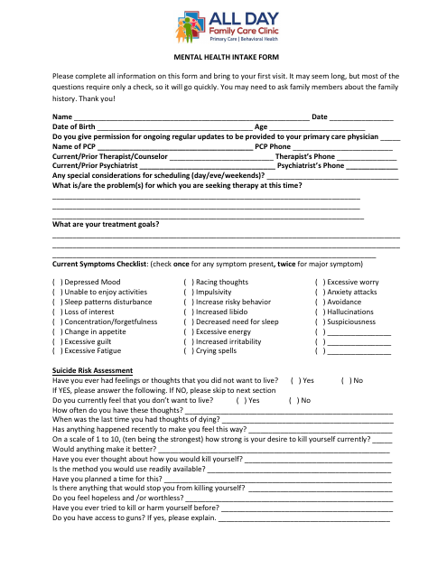 Mental Health Intake Form - All Day Family Care Clinic Download Pdf