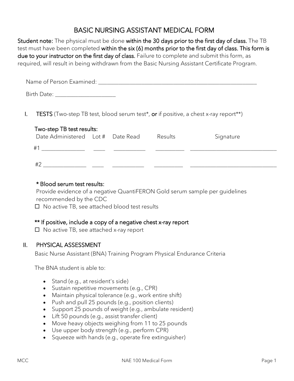 Basic Nursing Assistant Medical Form - Mchenry County College, Page 1