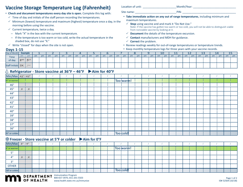 Form 52504 Vaccine Storage Temperature Log (Fahrenheit) - Minnesota