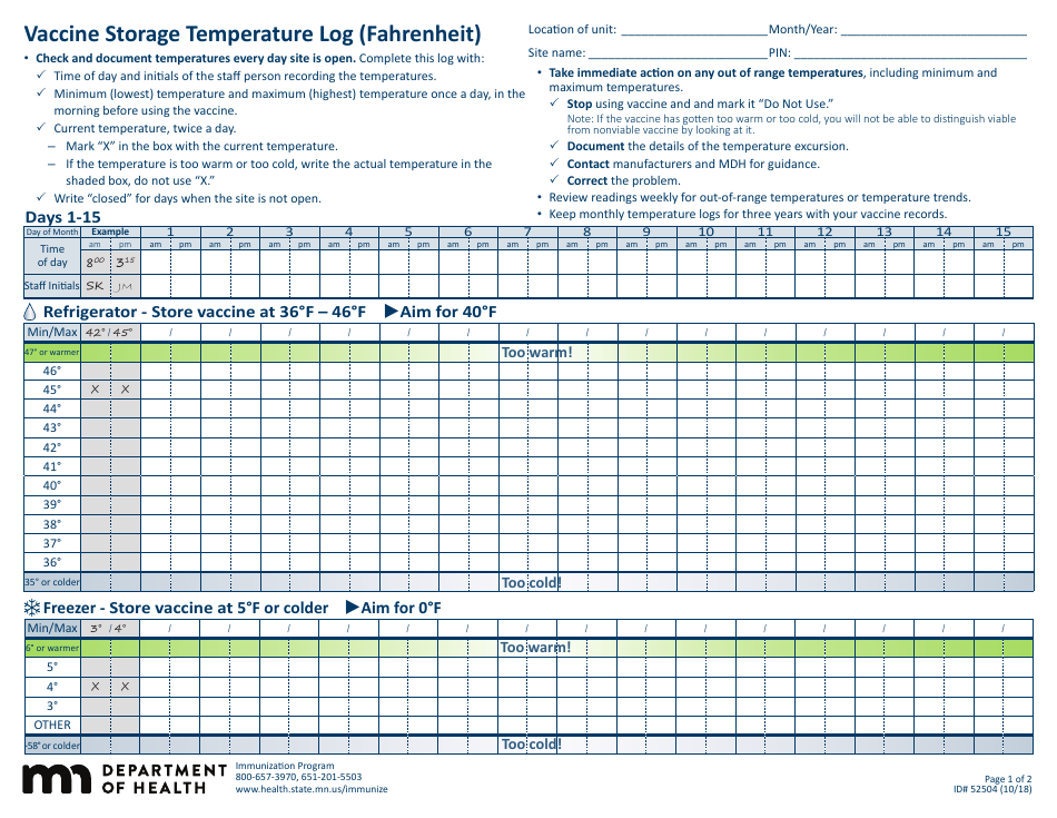 Form 52504 Vaccine Storage Temperature Log (Fahrenheit) - Minnesota, Page 1