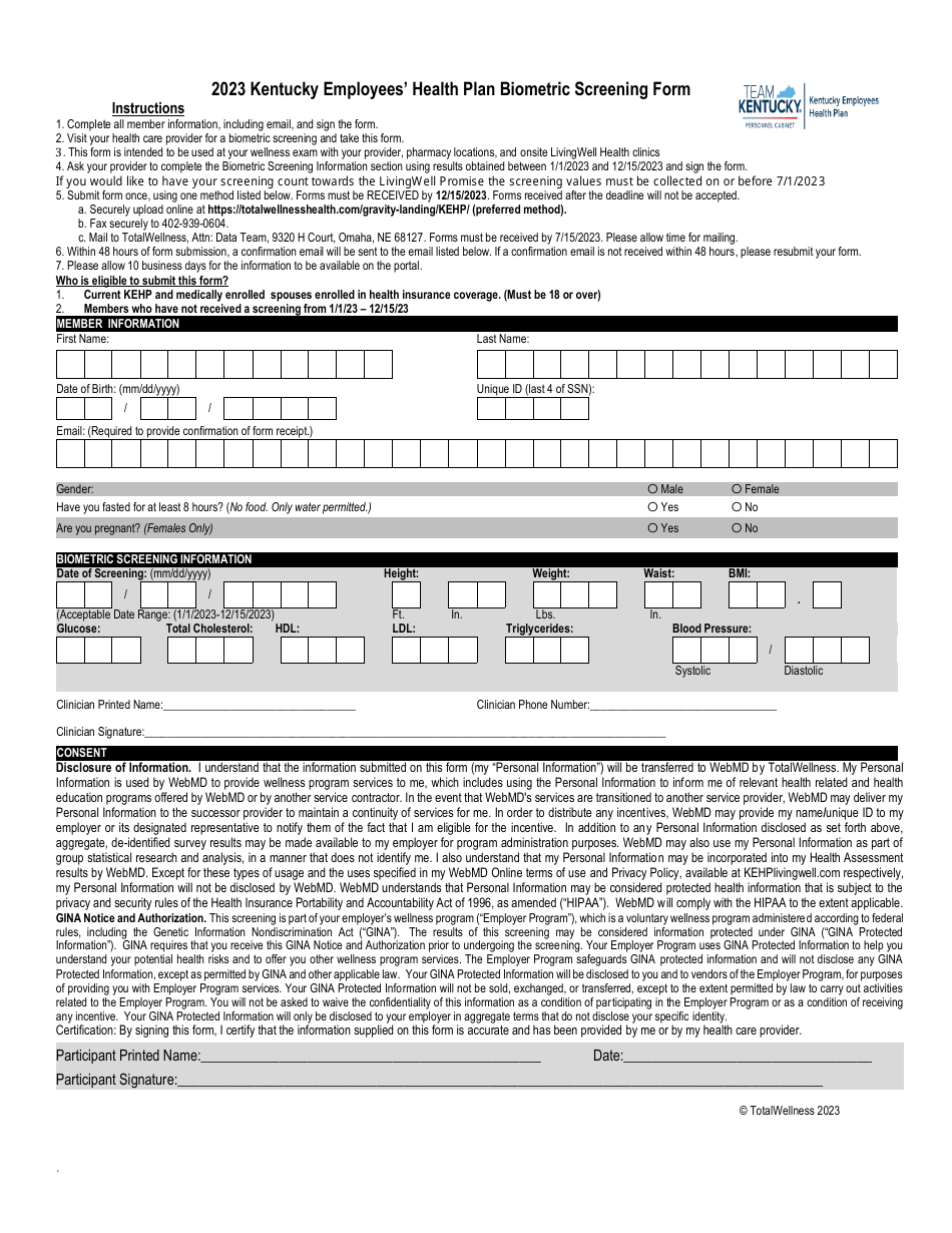 Kentucky Employees Health Plan Biometric Screening Form - Kentucky, Page 1