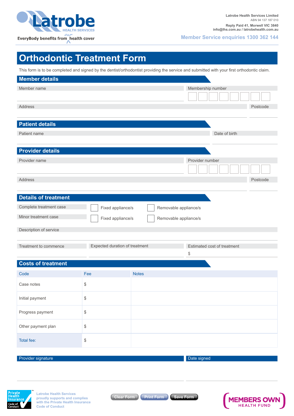 Orthodontic Treatment Form - Latrobe Health Services, Page 1