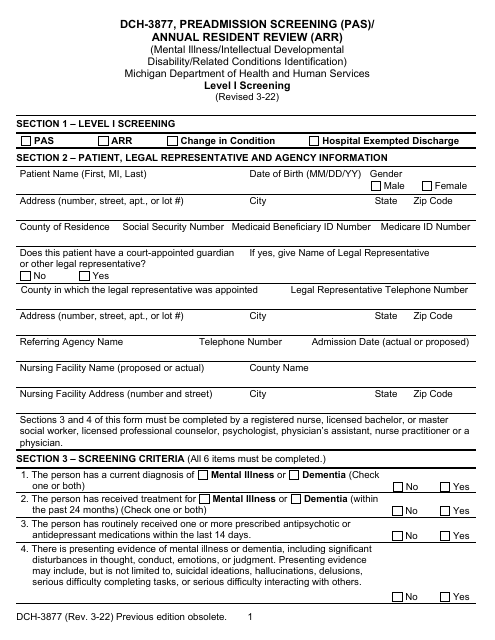 Form DCH-3877 Preadmission Screening (Pas)/Annual Resident Review (Arr) - Michigan