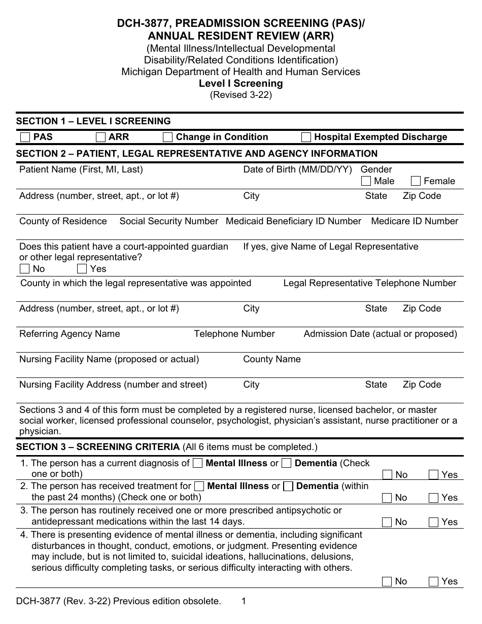Form DCH-3877 Preadmission Screening (Pas) / Annual Resident Review (Arr) - Michigan, Page 1