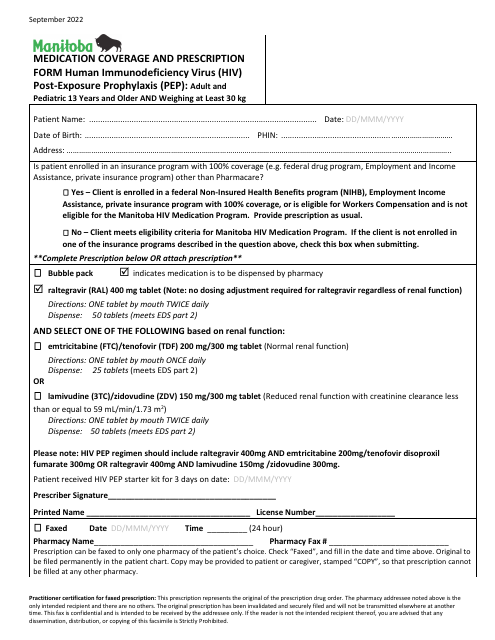 Medication Coverage and Prescription Form - Human Immunodeficiency Virus (HIV) Post-exposure Prophylaxis (Pep): Adult and Pediatric 13 Years and Older and Weighing at Least 30 Kg - Manitoba, Canada Download Pdf