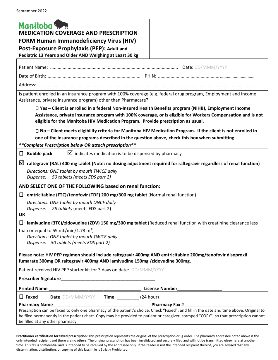 Medication Coverage and Prescription Form - Human Immunodeficiency Virus (HIV) Post-exposure Prophylaxis (Pep): Adult and Pediatric 13 Years and Older and Weighing at Least 30 Kg - Manitoba, Canada, Page 1