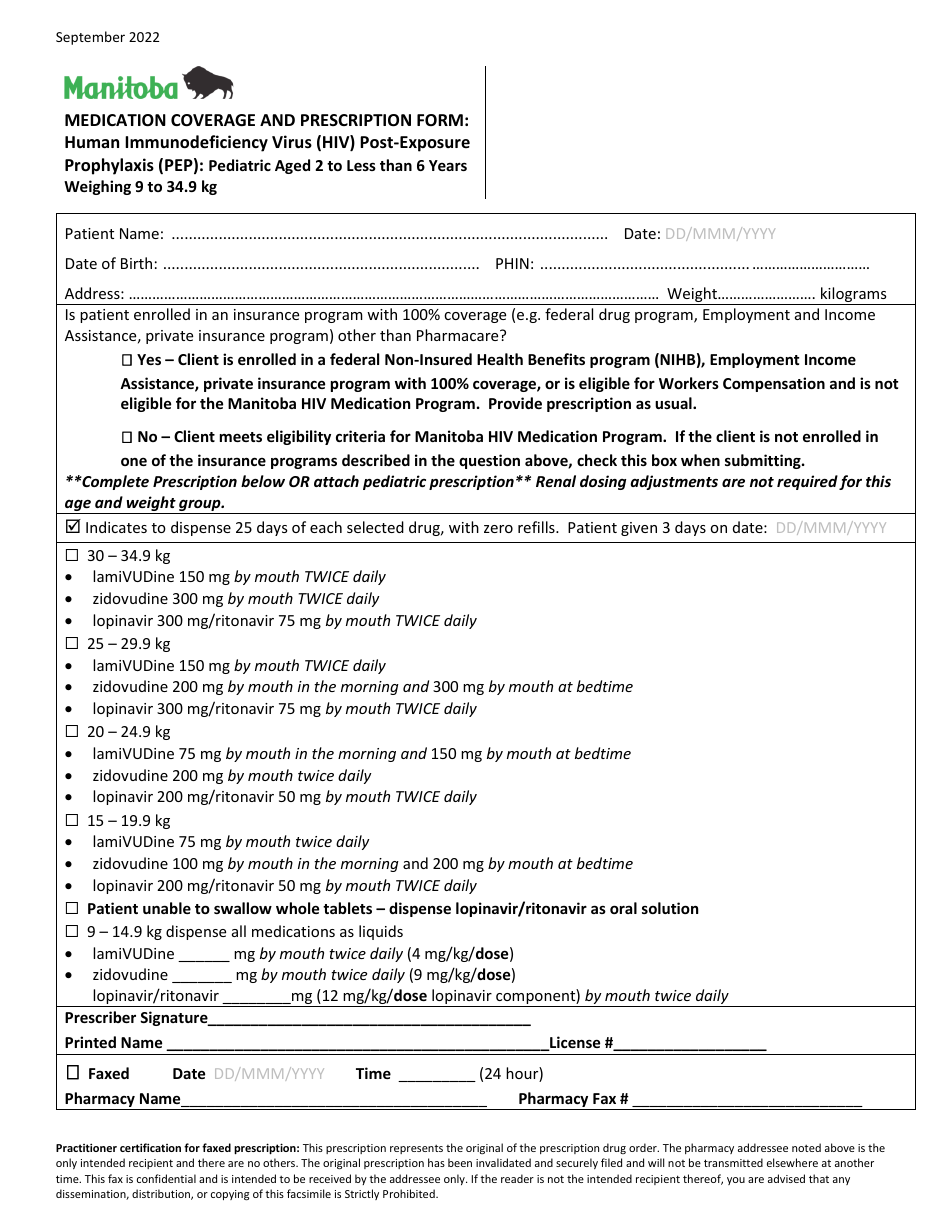 Medication Coverage and Prescription Form - Human Immunodeficiency Virus (HIV) Post-exposure Prophylaxis (Pep): Adult and Pediatric 13 Years and Older and Weighing at Least 30 Kg - Manitoba, Canada, Page 2