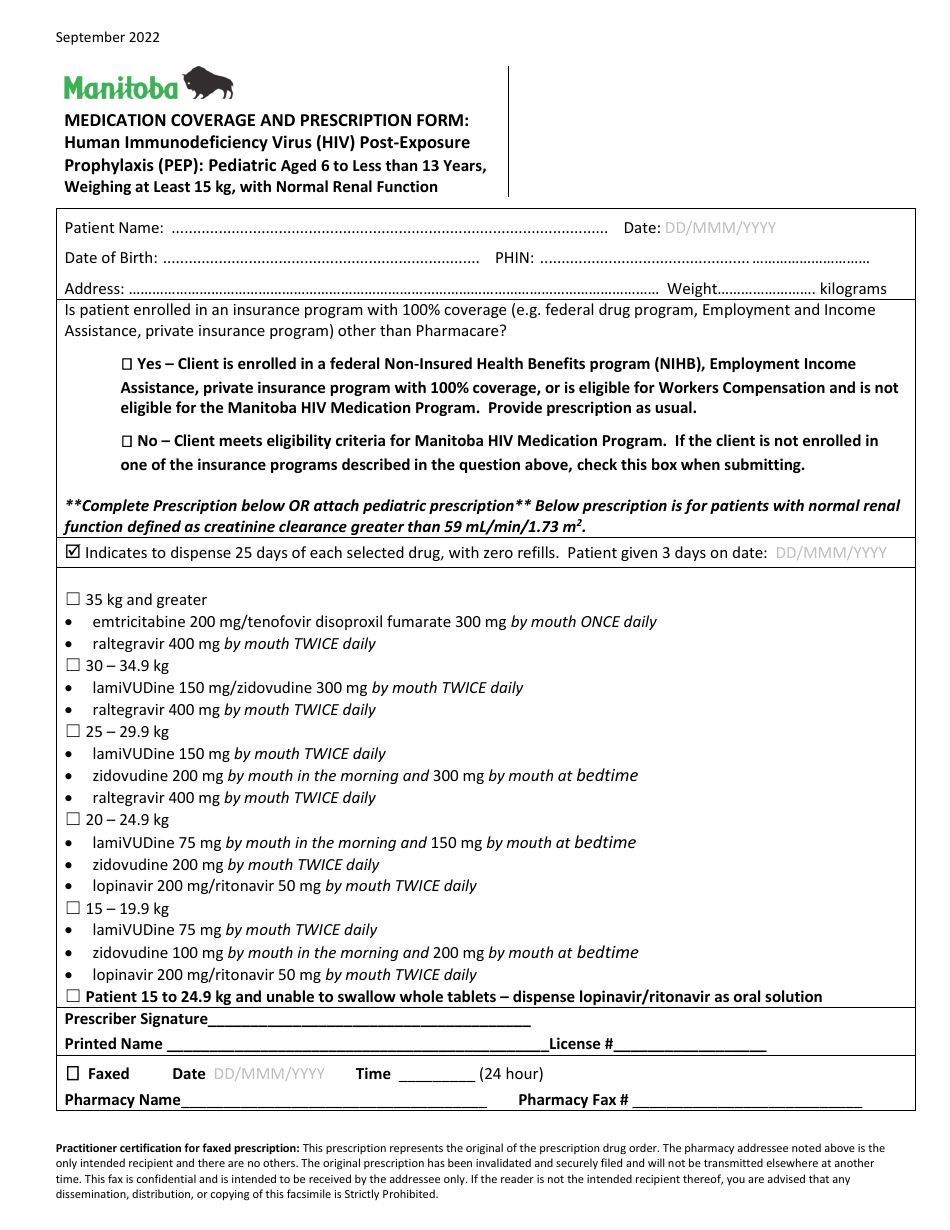 Medication Coverage and Prescription Form - Human Immunodeficiency Virus (HIV) Post-exposure Prophylaxis (Pep): Adult and Pediatric 13 Years and Older and Weighing at Least 30 Kg - Manitoba, Canada, Page 3
