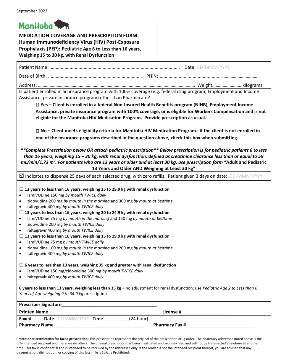 Medication Coverage and Prescription Form - Human Immunodeficiency Virus (HIV) Post-exposure Prophylaxis (Pep): Adult and Pediatric 13 Years and Older and Weighing at Least 30 Kg - Manitoba, Canada, Page 4