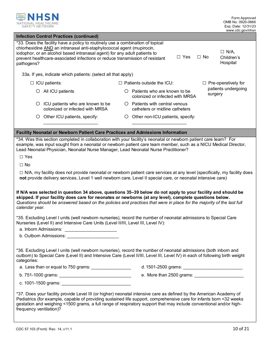 Form CDC57.103 Patient Safety Component - Annual Hospital Survey, Page 10