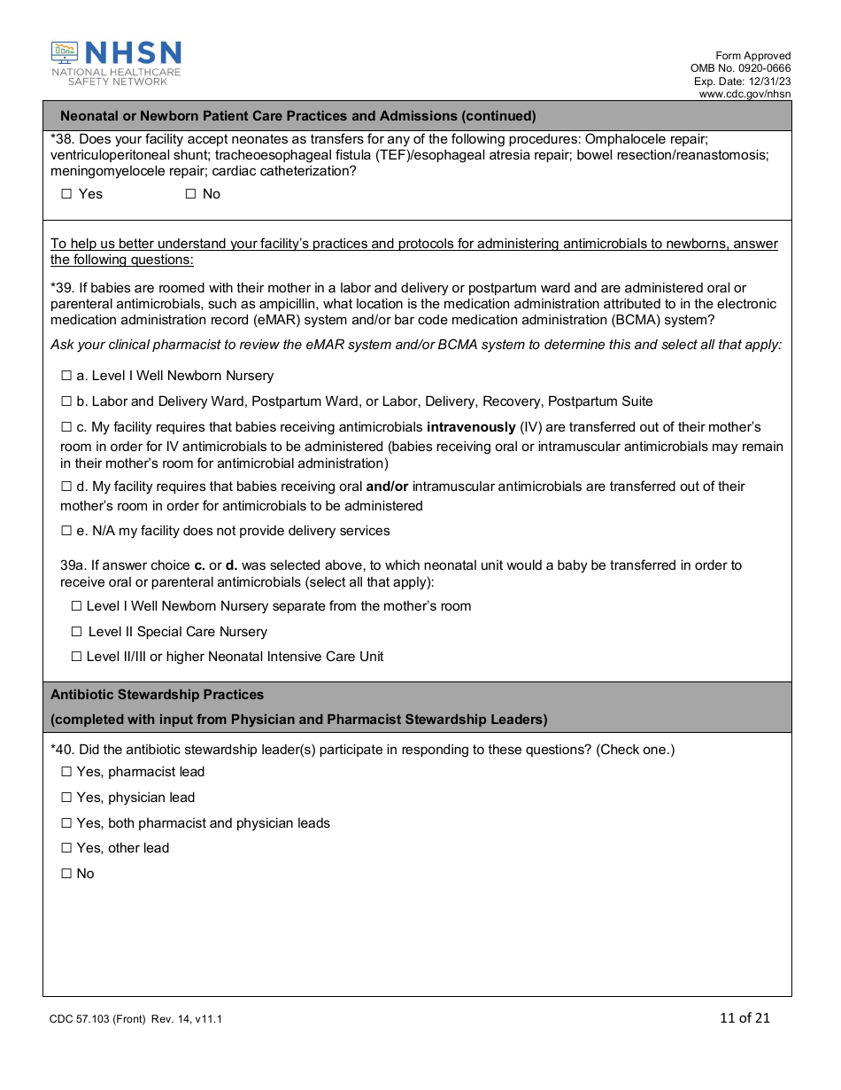 Form CDC57.103 Patient Safety Component - Annual Hospital Survey, Page 11