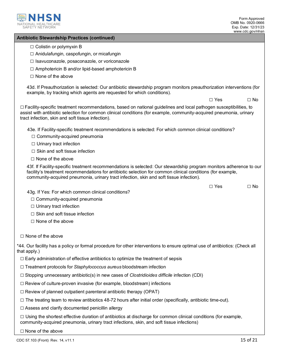 Form CDC57.103 Patient Safety Component - Annual Hospital Survey, Page 15