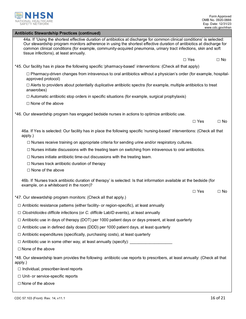 Form CDC57.103 Patient Safety Component - Annual Hospital Survey, Page 16