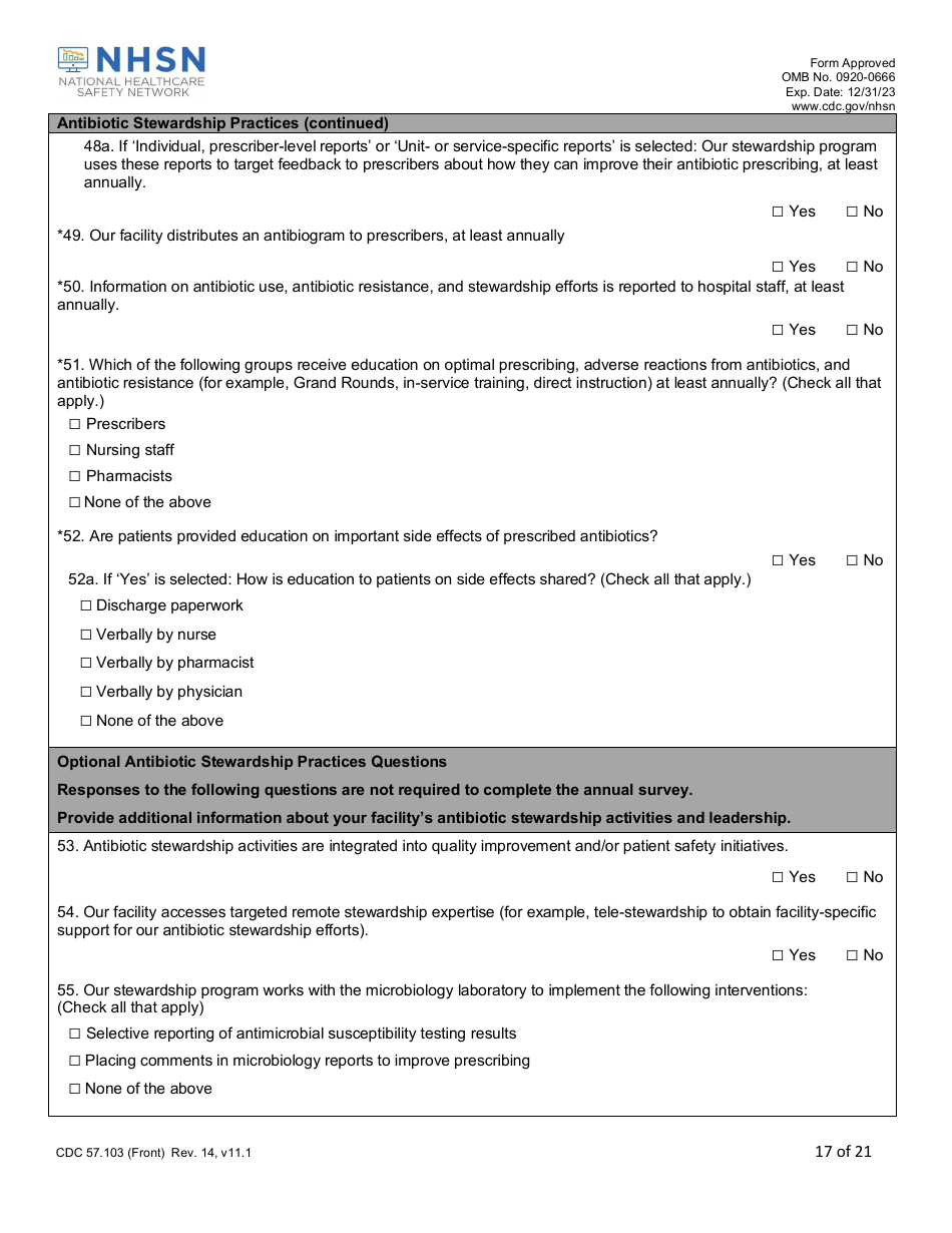 Form CDC57.103 Patient Safety Component - Annual Hospital Survey, Page 17