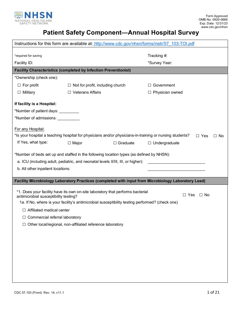 Form CDC57.103 Patient Safety Component - Annual Hospital Survey, Page 1