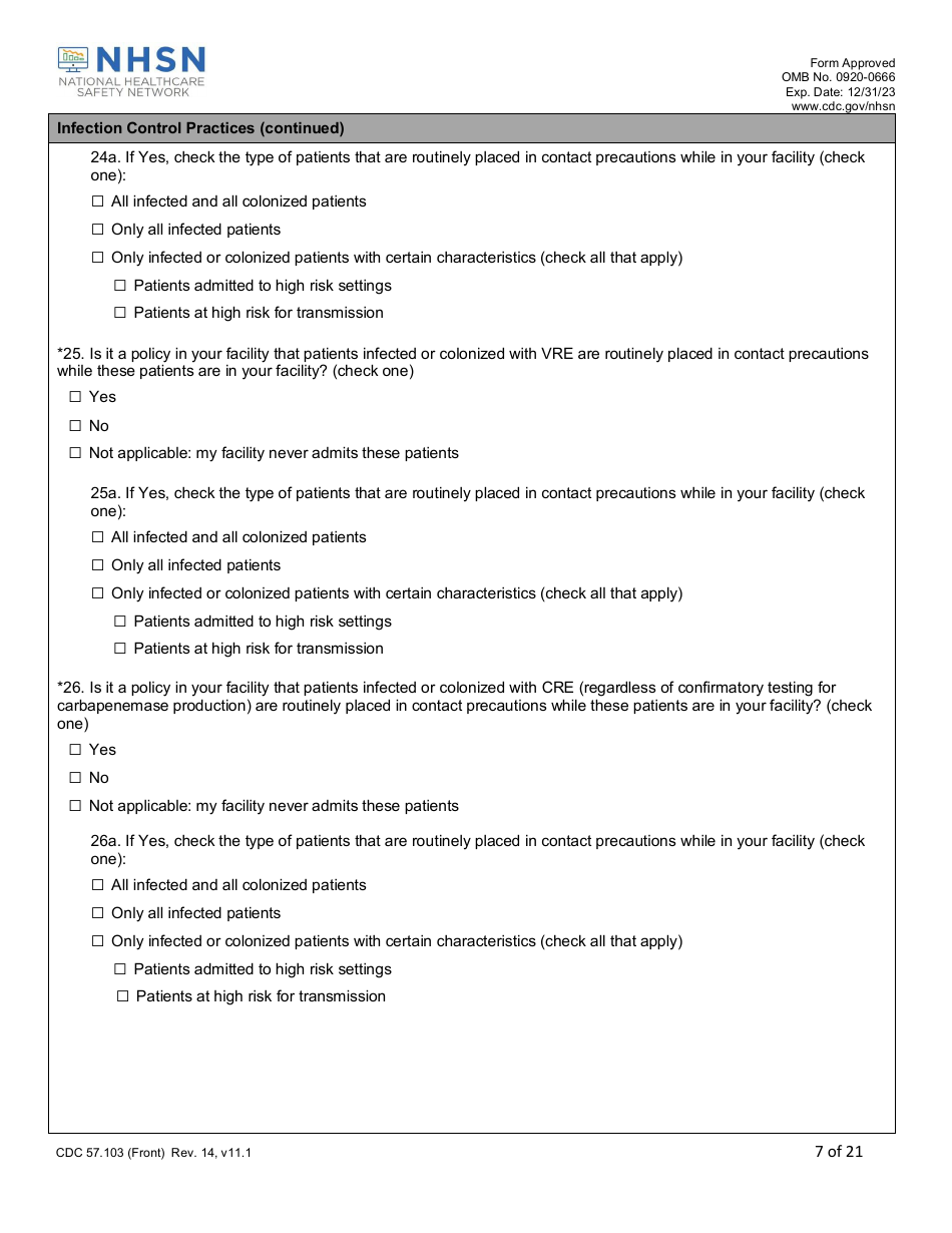 Form CDC57.103 Patient Safety Component - Annual Hospital Survey, Page 7