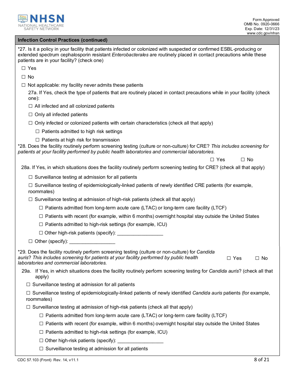 Form CDC57.103 Patient Safety Component - Annual Hospital Survey, Page 8