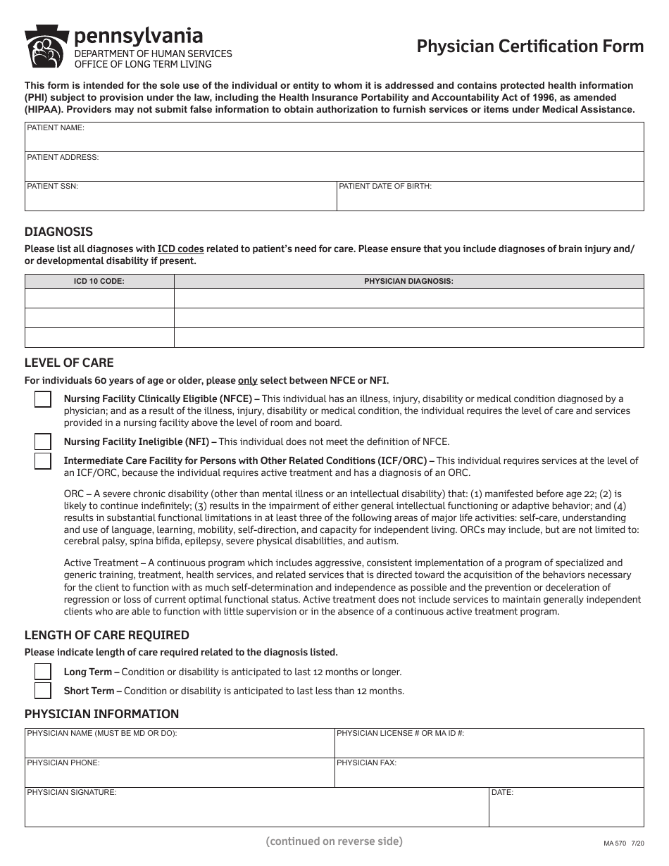 Form MA570 Physician Certification Form - Pennsylvania, Page 1