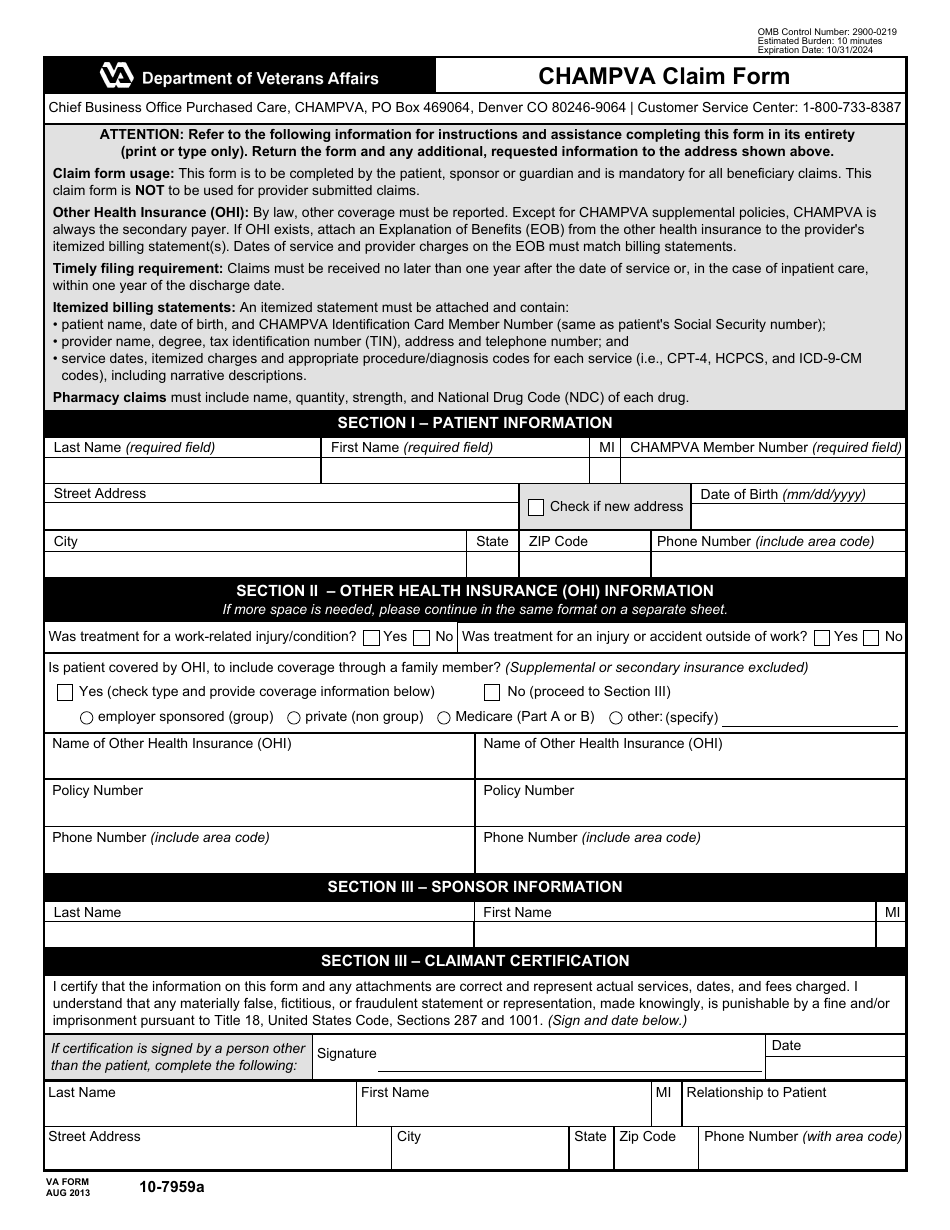 VA Form 10-7959A CHAMPVA Claim Form, Page 1